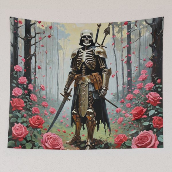 Item preview, A fighter skeleton model is holding a sword in the middle of the forest with roses around it with a cartoon designed and sold by relaxbito.