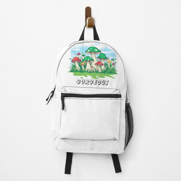 Item preview, red and white mushrooms on a lawn with the word gorgeous designed and sold by stickersvnzla.