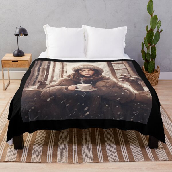Item preview, Girl Holding a Cup of Hot Coffee in Winter Season with Snow Falling designed and sold by SEVENPRINTS.