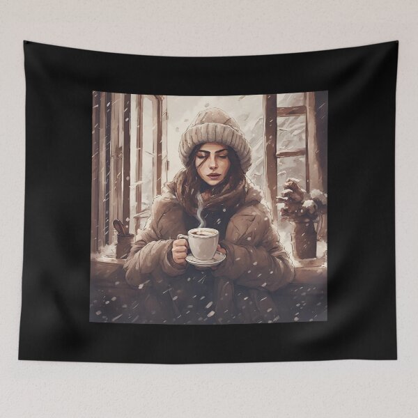 Item preview, Girl Holding a Cup of Hot Coffee in Winter Season with Snow Falling designed and sold by SEVENPRINTS.
