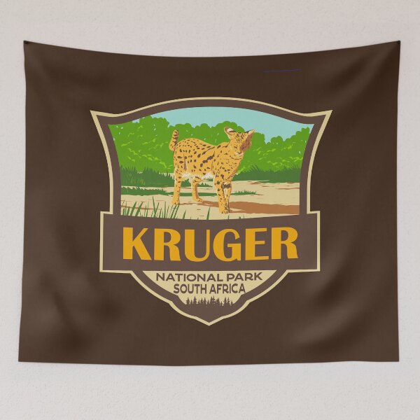 Item preview, Kruger National Park Serval Illustration Retro Badge designed and sold by KrisSidDesigns.