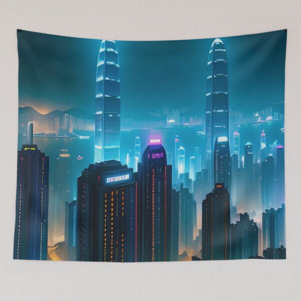 Item preview, Futuristic cityscape at night with neon-lit skyscraper designed and sold by ArtComixHaven.