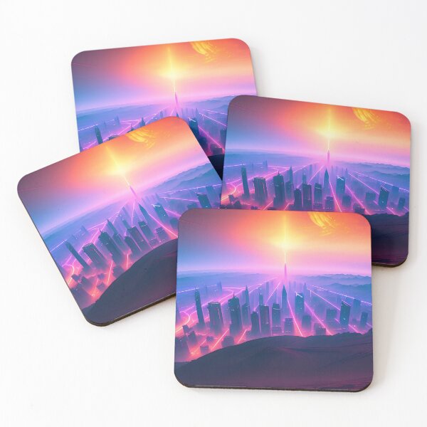 Item preview, Futuristic cityscape with vibrant lights amidst mountainous terrain. designed and sold by ArtComixHaven.