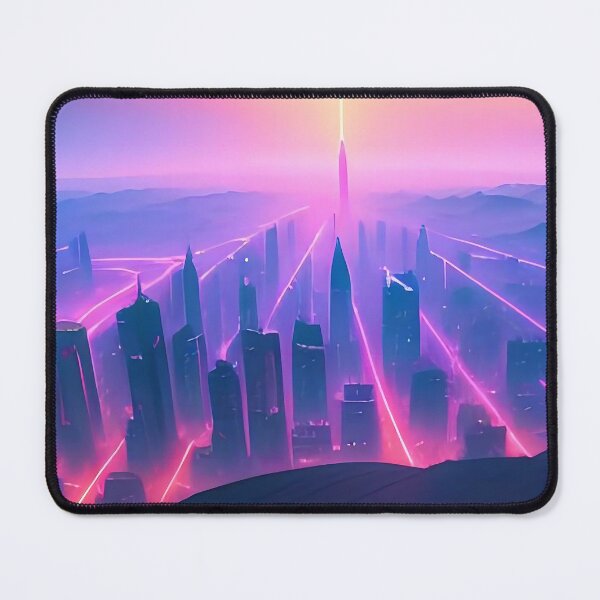 Item preview, Futuristic cityscape with vibrant lights amidst mountainous terrain. designed and sold by ArtComixHaven.