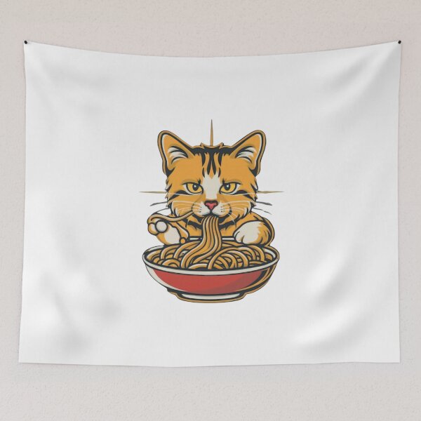 Aperçu de l'œuvre chat mangeant des nouilles spaghetti drôle créée et vendue par Egyptian king ⭐⭐⭐⭐⭐.