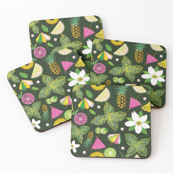 Item preview, Ingredients for pineapple mojito with mint leaves - seamless pattern on dark green designed and sold by colorofmagic.