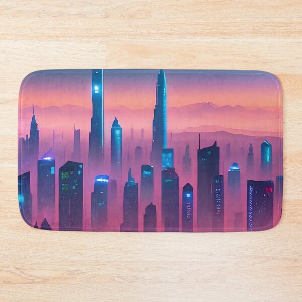 Item preview, Futuristic cityscape with neon lights amidst mountainous terrain.” designed and sold by ArtComixHaven.
