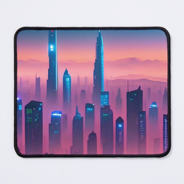Item preview, Futuristic cityscape with neon lights amidst mountainous terrain.” designed and sold by ArtComixHaven.