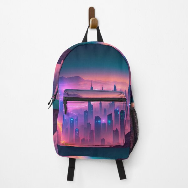 Item preview, Futuristic cityscape with neon lights amidst mountainous terrain.” designed and sold by ArtComixHaven.