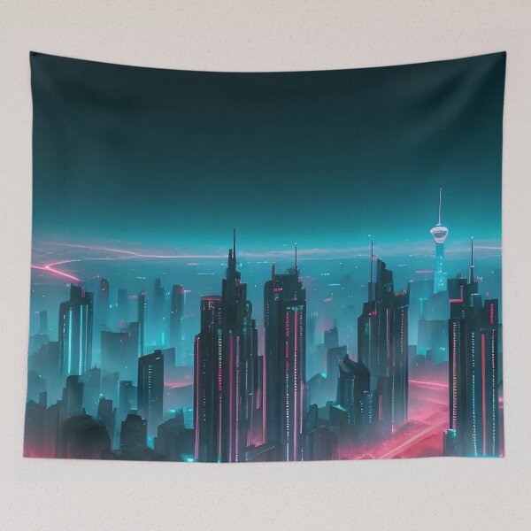 Item preview, Futuristic cityscape illuminated by neon lights under night sky designed and sold by ArtComixHaven.