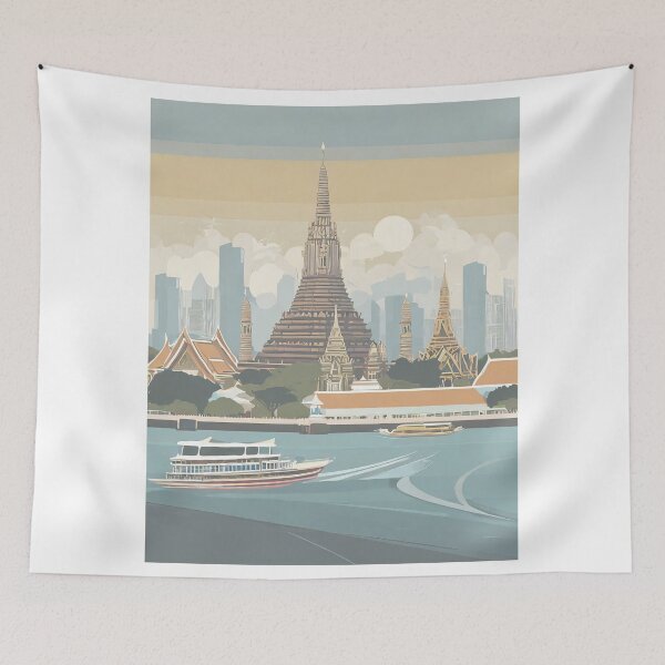 Item preview, Vintage Minimal Retro Stylish Bangkok Travel Poster with Wat Arun and Chao Phraya designed and sold by pod24.