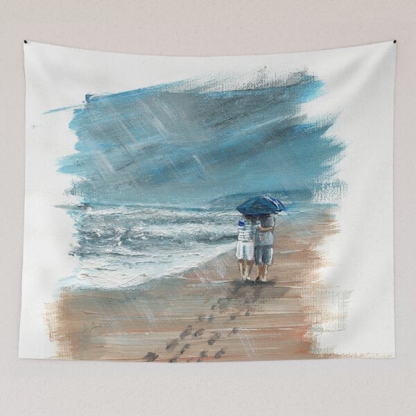 Item preview, A Little Rain painting of a couple walking together arm in arm on a rainy beach designed and sold by mattoakley.