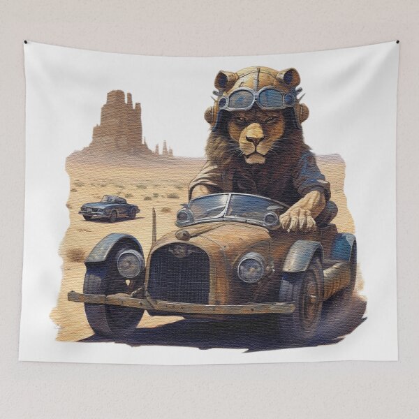 Item preview, a lion racing a car across the desert designed and sold by jnsmerchstore.