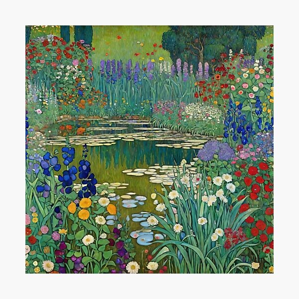 Aperçu de l'œuvre Étang de jardin fleuri Gustav Klimt créée et vendue par maniacfitness.