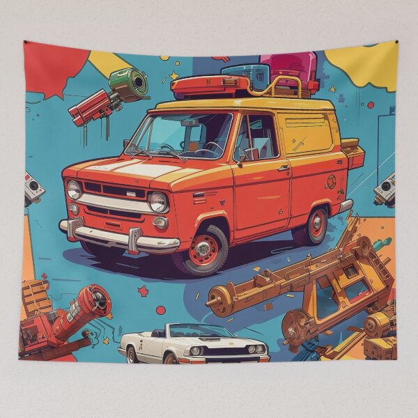 Item preview, A cartoon of an orange van and a white car designed and sold by johndesign88.