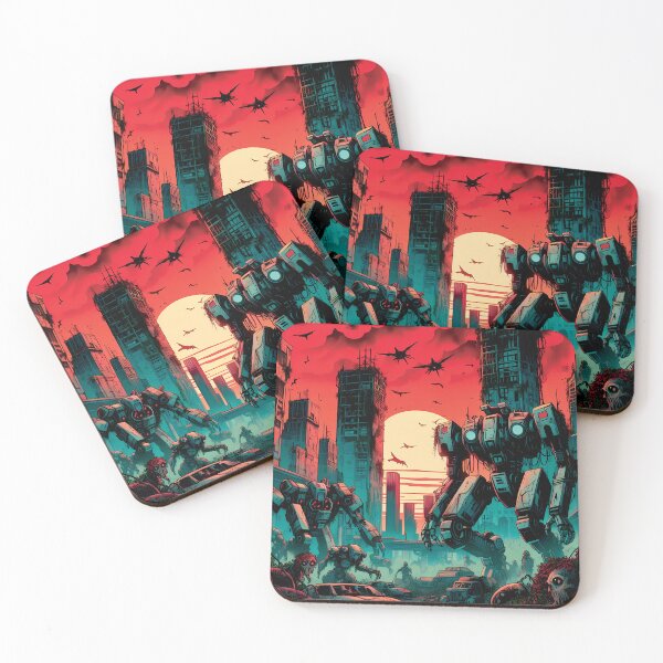 Item preview, Dystopian Cityscape with Giant Robots Under the Red Sun designed and sold by ByteyCreatives.