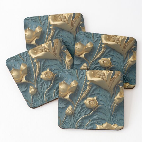 Item preview, Roses and Lilies - Floral 3D Relief Pattern in Gold and Teal #23 designed and sold by GoldenEraArt.