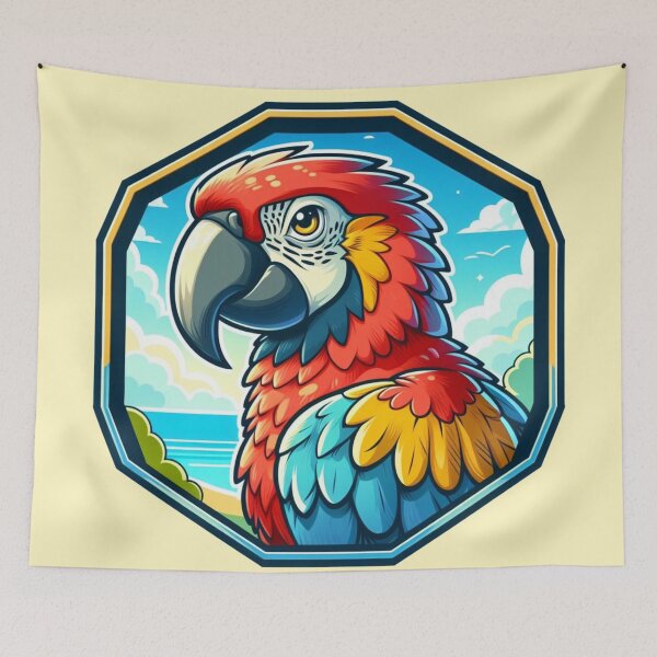 Item preview, Fantasy Tropical Macaw Endangered Parrot Red Yellow Bird Cartoon Illustration designed and sold by CoffeeIsATrip.