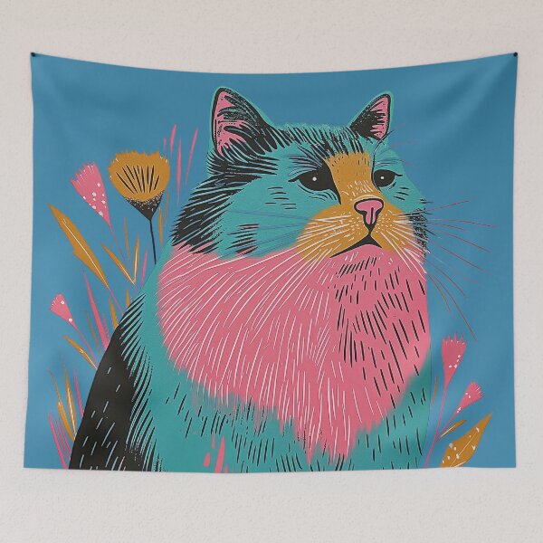 Item preview, Cute Fat Sad Cat Risograph Risoprint Neon Colors designed and sold by PrintShangri-La.