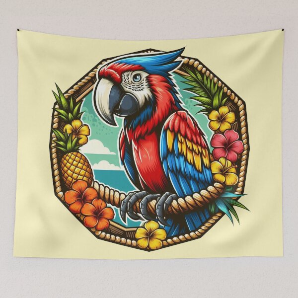 Item preview, Beach Macaw Parrot Red Blue Bird Cartoon Illustration designed and sold by CoffeeIsATrip.