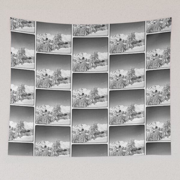 Item preview, Alpine Elegance: Cable Car and Snowy Peaks in Monochrome designed and sold by InbalTurShalom.