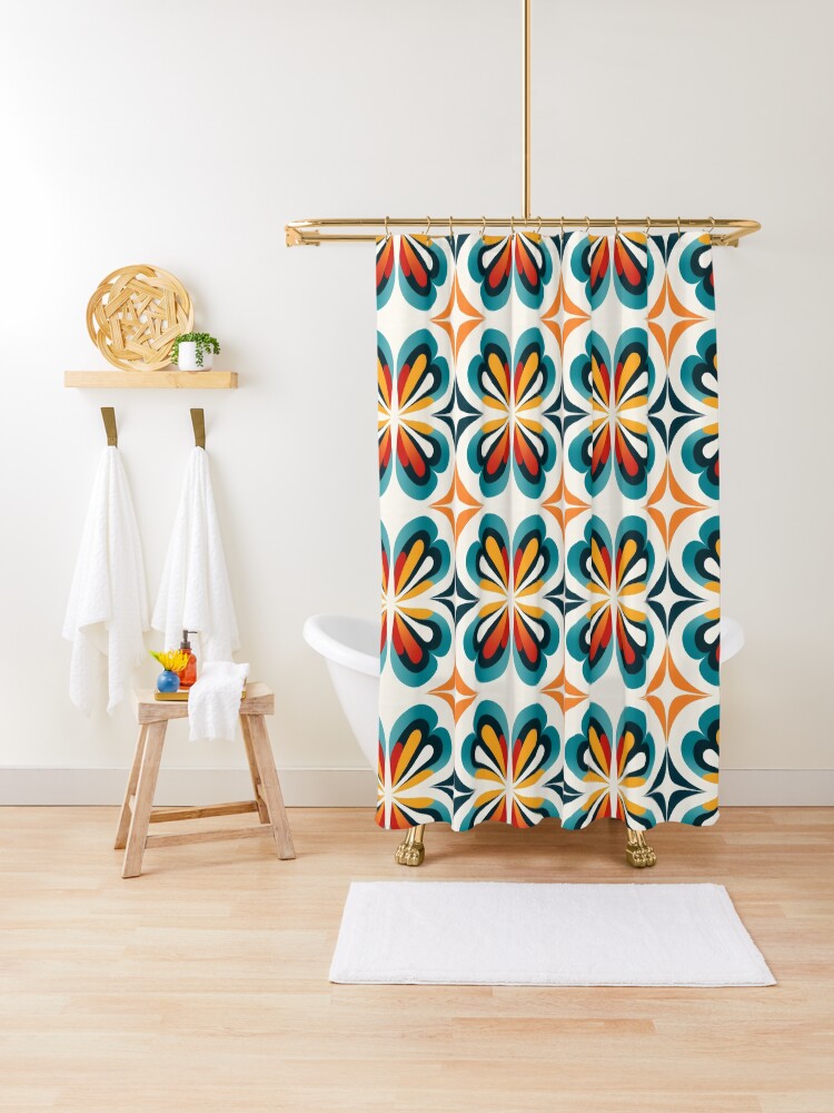 Thumbnail 1 of 5, Shower Curtain, Retro Bloom Symmetry designed and sold by EtherealEchoes.