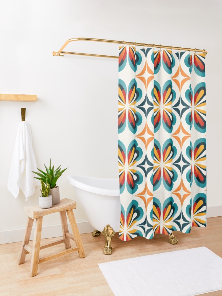 Thumbnail 3 of 5, Shower Curtain, Retro Bloom Symmetry designed and sold by EtherealEchoes.