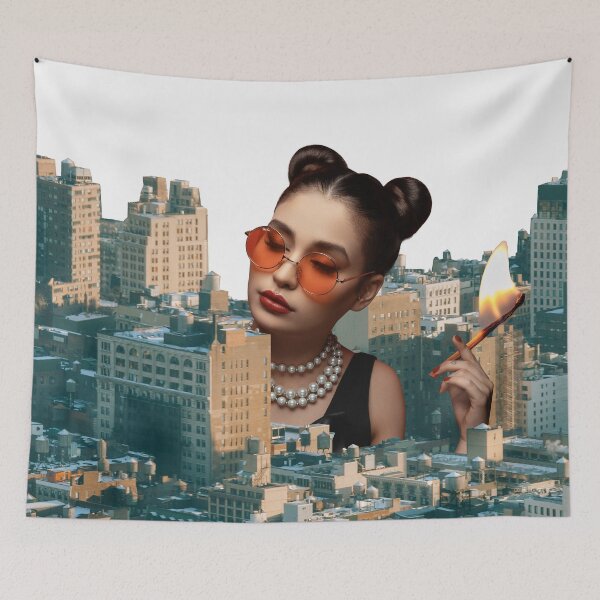 Item preview, Surreal Collage Art Print: Captivating Cityscape featuring a Stylish Giant Woman holding a Lit Match- That's Fire! Solo designed and sold by GollyWillikers.