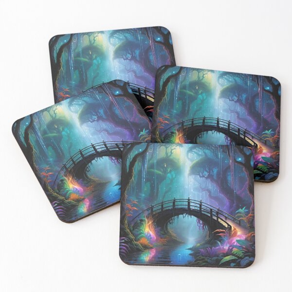 Item preview, Bridge with Colorful Glowing Plants in the Rain designed and sold by Ethereal-Canvas.