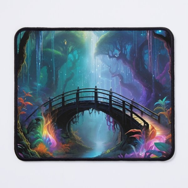 Item preview, Bridge with Colorful Glowing Plants in the Rain designed and sold by Ethereal-Canvas.