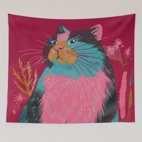 Item preview, Cute Fat Cat Risograph Risoprint Neon Colors designed and sold by PrintShangri-La.