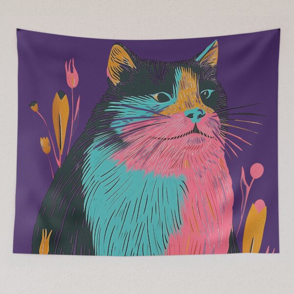 Item preview, Cute Fat Cat Risograph Risoprint Neon Colors designed and sold by PrintShangri-La.