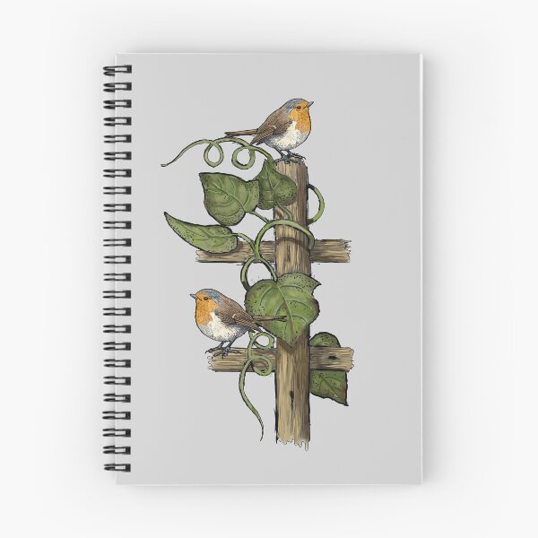 Item preview, Old FENCE with Wild GRAPE LEAVES and Robins Illustration Art designed and sold by JoyfulWhimsy.
