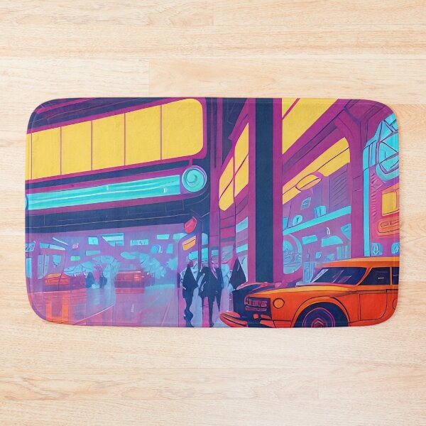 Item preview, Neon-lit cityscape with vintage cars, pedestrians, vibrant atmosphere. designed and sold by ArtComixHaven.