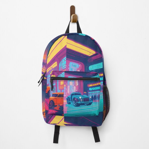 Item preview, Neon-lit cityscape with vintage cars, pedestrians, vibrant atmosphere. designed and sold by ArtComixHaven.