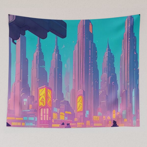 Item preview, Futuristic cityscape, vibrant colours, people, transportation, tall buildings. designed and sold by ArtComixHaven.