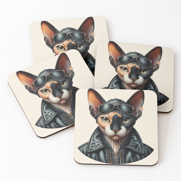 Item preview, Urban Cats #54 - Black & White Tortoiseshell Sphynx Cat wearing a leather bomber jacket designed and sold by elektronen.