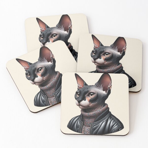Item preview, Urban Cats #55 - Black & White Tortoiseshell Sphynx Cat wearing a leather bomber jacket designed and sold by elektronen.
