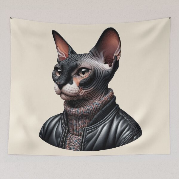 Item preview, Urban Cats #55 - Black & White Tortoiseshell Sphynx Cat wearing a leather bomber jacket designed and sold by elektronen.