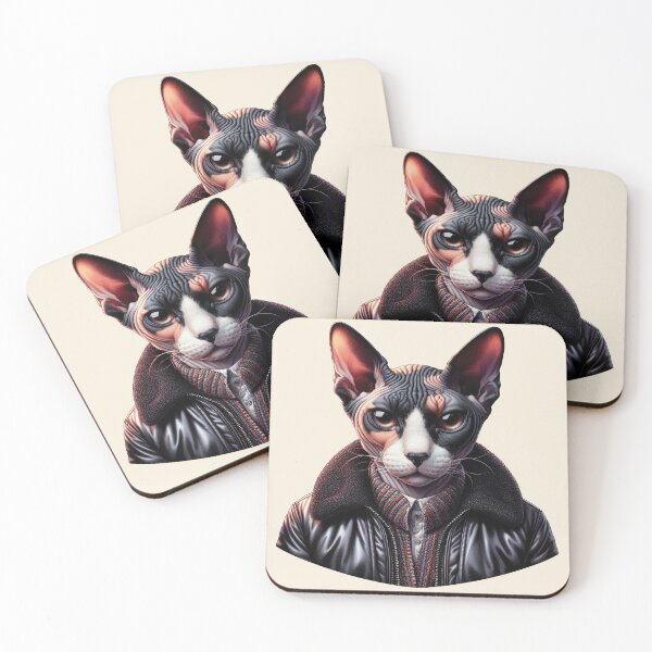 Item preview, Urban Cats #56 - Black & White Tortoiseshell Sphynx Cat wearing a leather bomber jacket designed and sold by elektronen.
