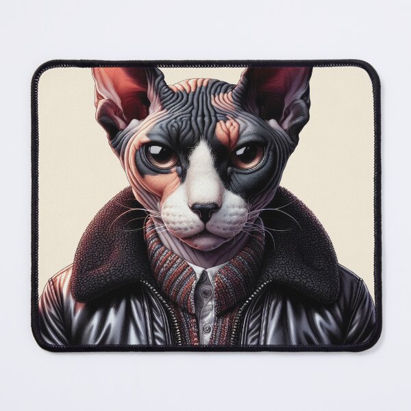 Item preview, Urban Cats #56 - Black & White Tortoiseshell Sphynx Cat wearing a leather bomber jacket designed and sold by elektronen.