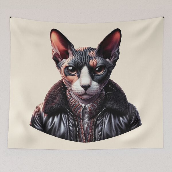 Item preview, Urban Cats #56 - Black & White Tortoiseshell Sphynx Cat wearing a leather bomber jacket designed and sold by elektronen.