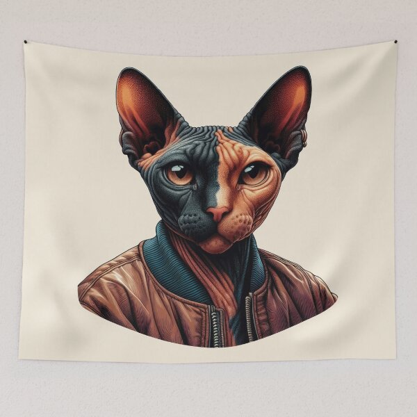 Item preview, Urban Cats #57 - Tortoiseshell Sphynx Cat wearing a leather bomber jacket designed and sold by elektronen.