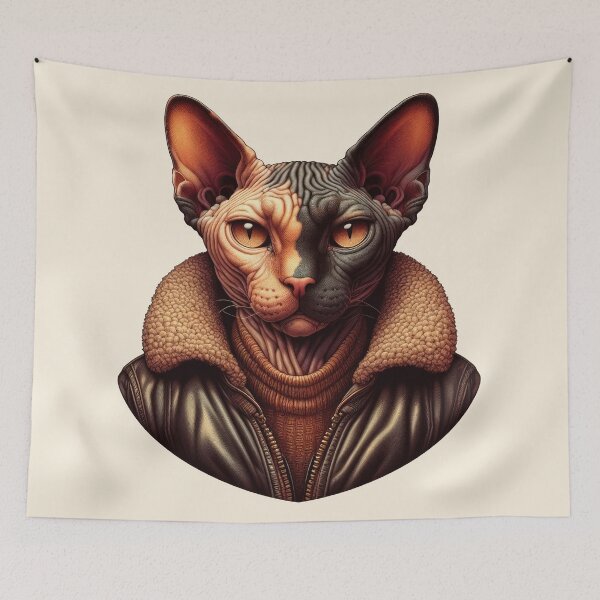 Item preview, Urban Cats #58 - Tortoiseshell Sphynx Cat wearing a leather bomber jacket designed and sold by elektronen.