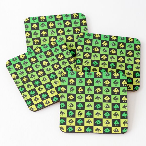 Item preview, Vibrant Yellow to Green Gradient Checkerboard Pattern with Mushrooms designed and sold by 1000Mushrooms.