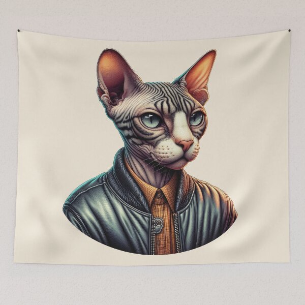 Item preview, Urban Cats #59 - Mackerel Tabby Sphynx Cat wearing a leather bomber jacket designed and sold by elektronen.
