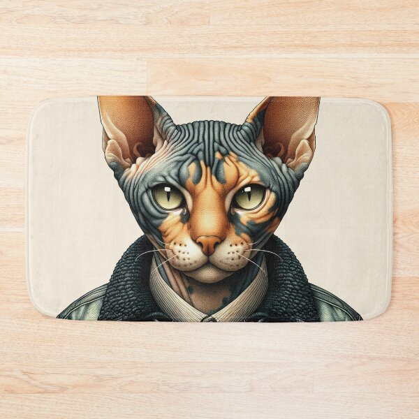 Item preview, Urban Cats #60 - Mackerel Tabby Sphynx Cat wearing a leather bomber jacket designed and sold by elektronen.
