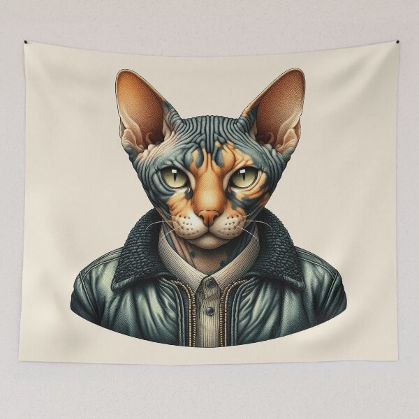 Item preview, Urban Cats #60 - Mackerel Tabby Sphynx Cat wearing a leather bomber jacket designed and sold by elektronen.