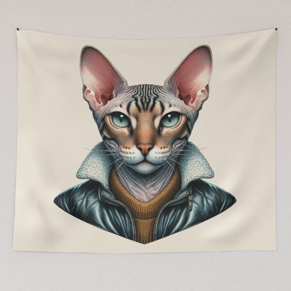 Item preview, Urban Cats #61 - Mackerel Tabby Sphynx Cat wearing a leather bomber jacket designed and sold by elektronen.