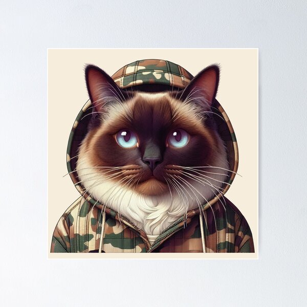 Item preview, Urban Cats #62 - Chocolate Birman Cat wearing an urban camo windbreaker designed and sold by elektronen.